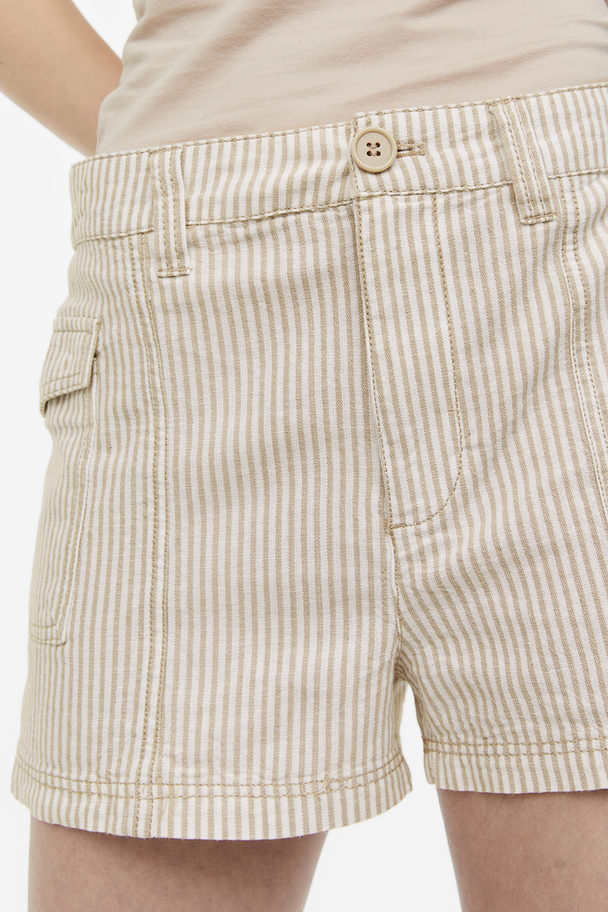 H&M Linen-blend Cargo Shorts Light Greige/striped