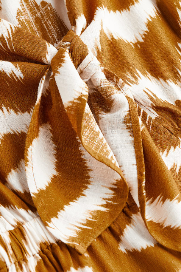 H&M Kleid aus einer Leinenmischung mit Bindebändern Senfgelb/Gemustert