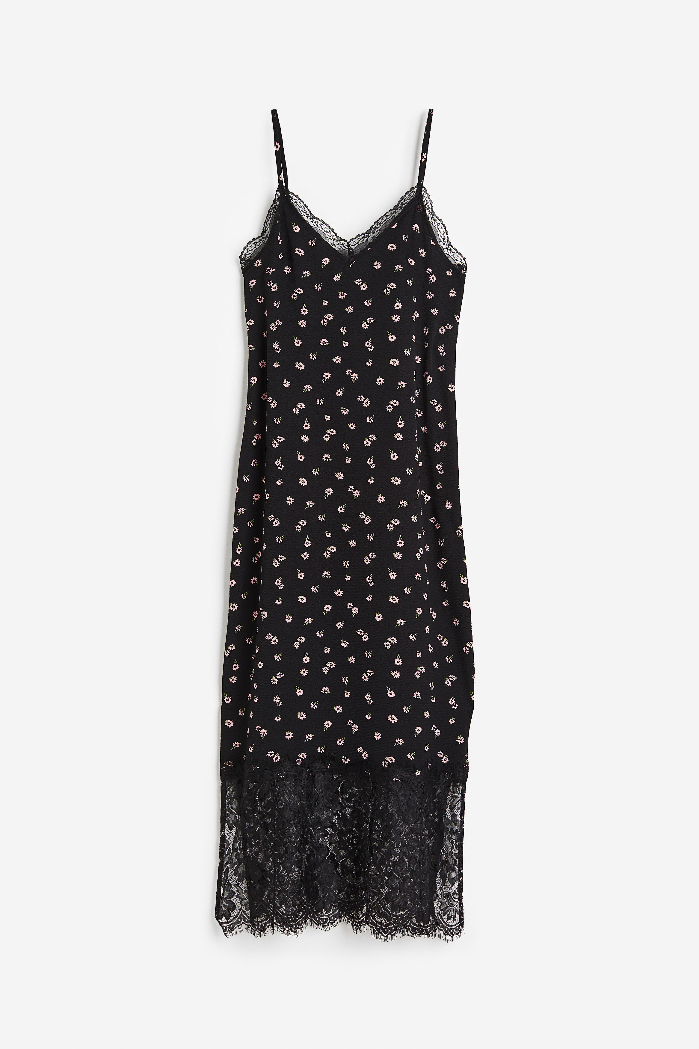 Billede af H&M Crepet Slip In-kjole Med Blondebånd Sort/blomstret, Hverdagskjoler. Farve: Black/floral I størrelse 34
