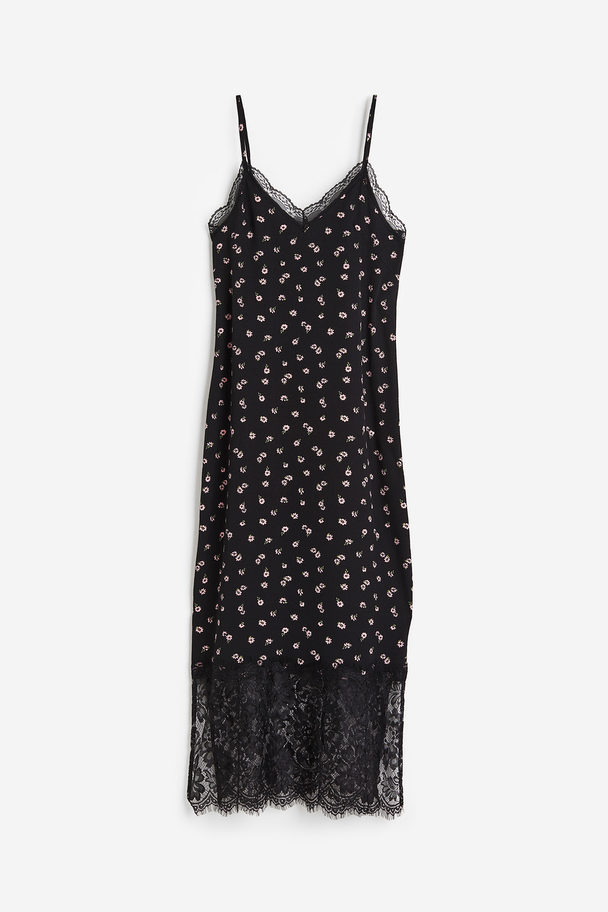 H&M Lace-trimmed Crêpe Slip Dress Black/floral