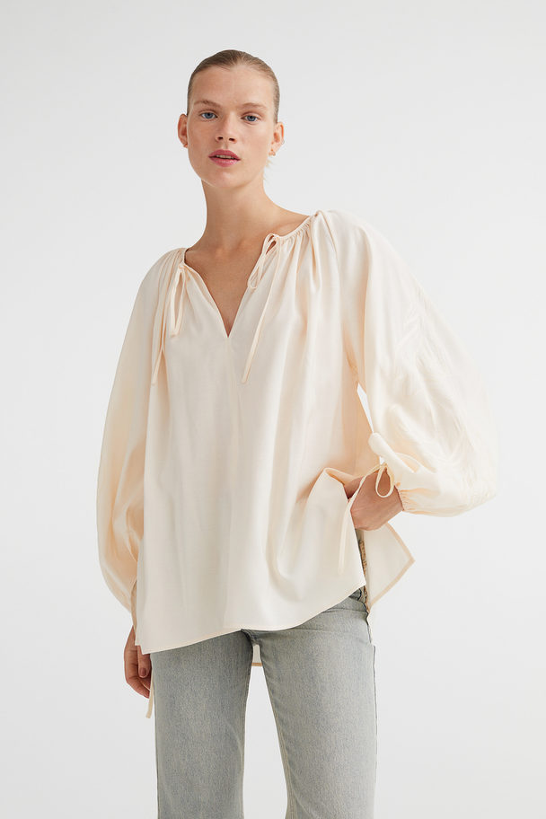 H&M Embroidered Balloon-sleeved Blouse Light Beige