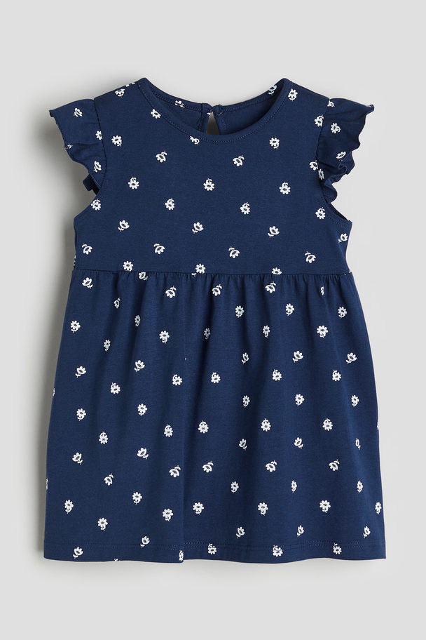 H&M Flounce-trimmed Jersey Dress Dark Blue/floral