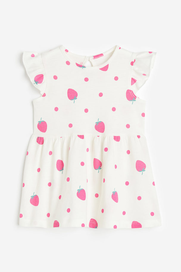 H&M Flounce-trimmed Jersey Dress White/strawberries