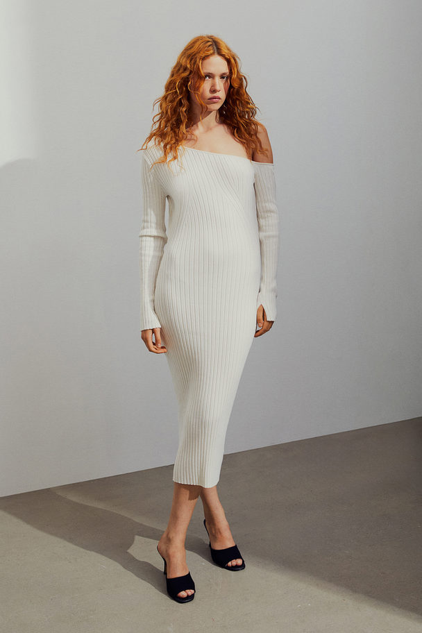 H&M Ribbestrikket One Shoulder-kjole Hvit