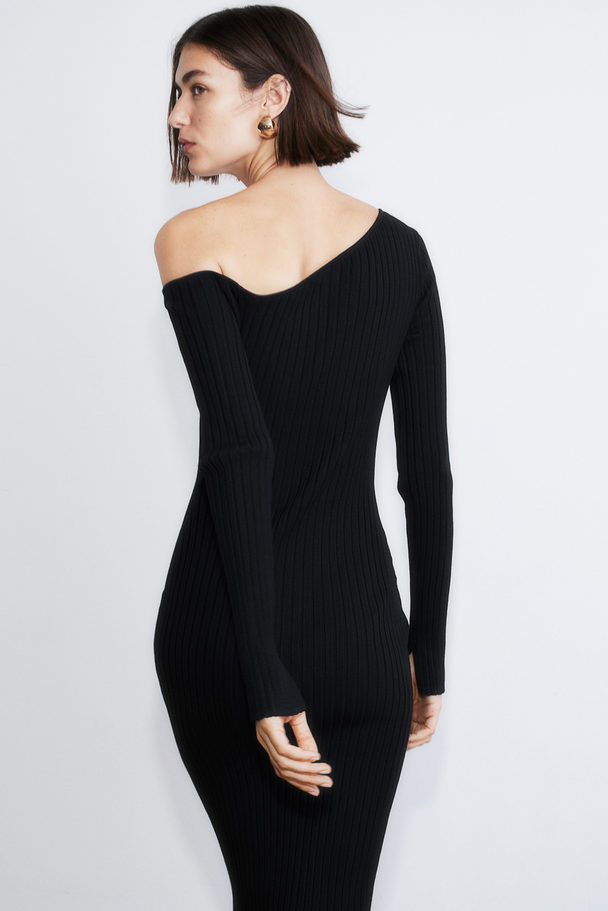 H&M Ribstrikket One Shoulder-kjole Sort