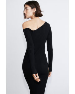 Rib-knit One-shoulder Dress Black