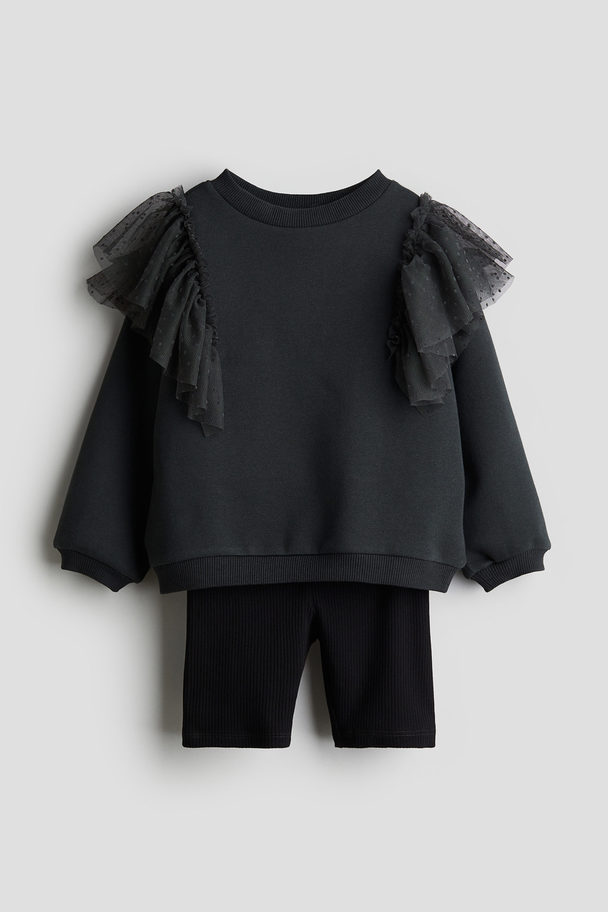 H&M 2-delt Sæt Med Sweatshirt Og Cykelshorts Mørkegrå/sort