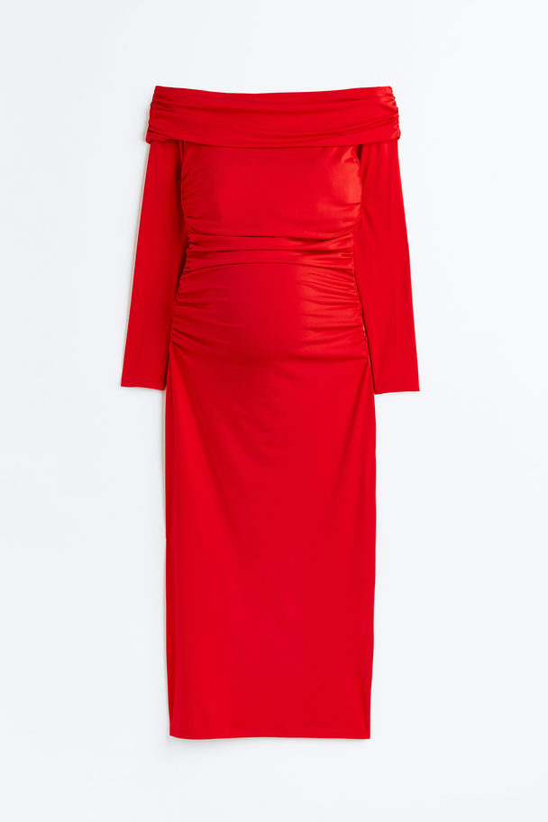 H&M Mama Off Shoulder-kjole Med Rynker Rød