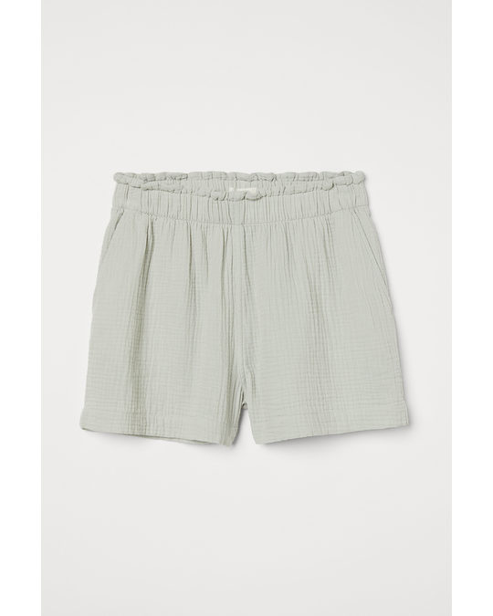 H&M Crinkled Cotton Shorts Light Dusky Green