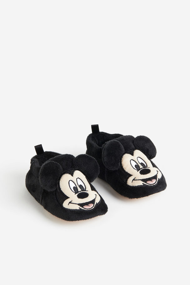 H&M Soft Appliquéd Slippers Black/mickey Mouse