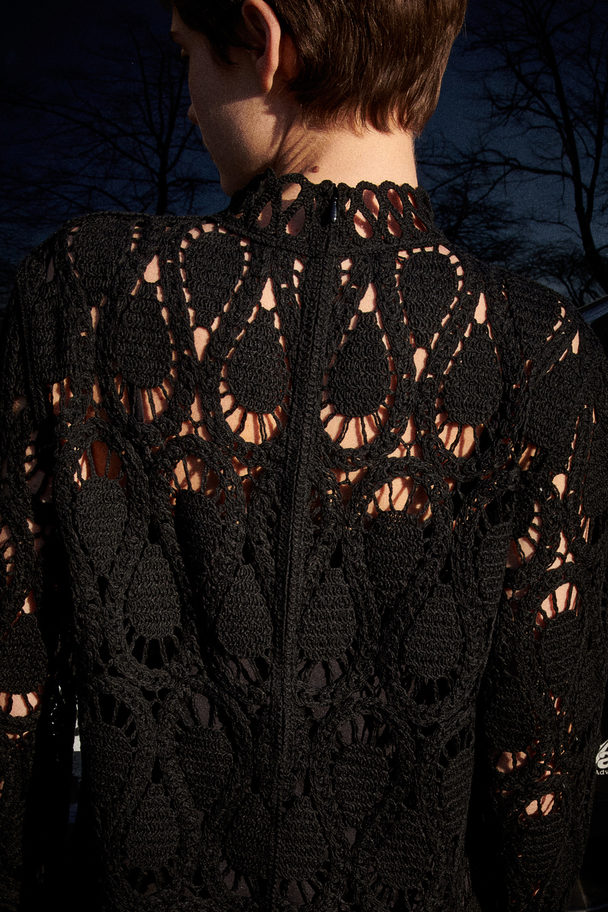 H&M Crochet-look Fringe-trimmed Dress Black