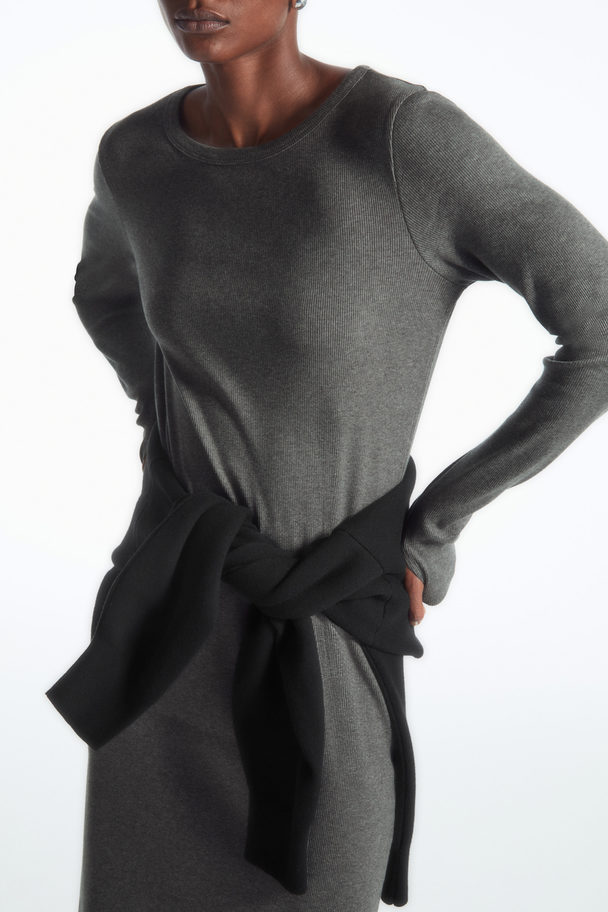 COS Ribbed Long-sleeved Midi Dress Grey Mélange