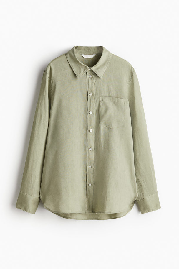 H&M Linnen Overhemdblouse Licht Kakigroen