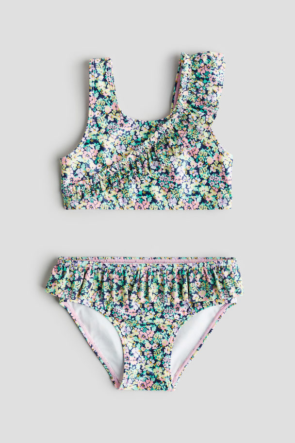 H&M Bikini mit Volants Dunkelblau/Geblümt