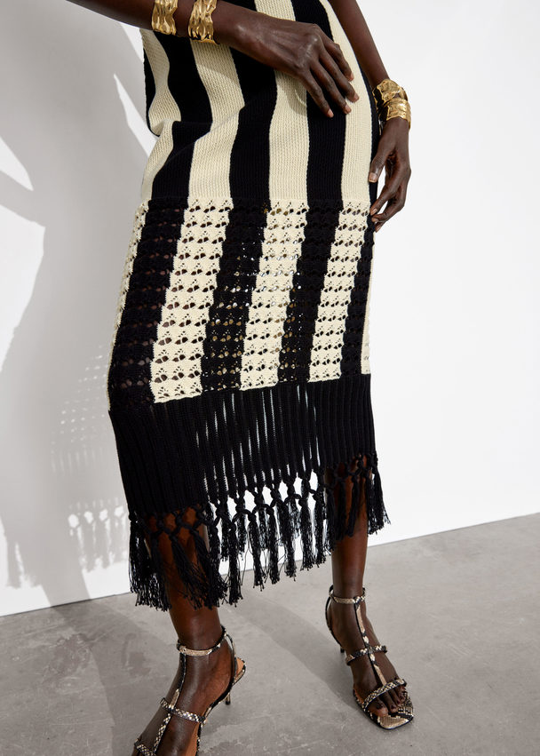 & Other Stories Fringed Knit Midi Dress Black/white