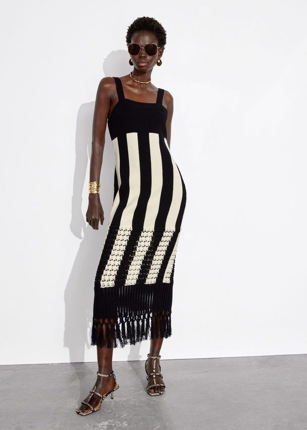 & Other Stories Fringed Knit Midi Dress Black/white