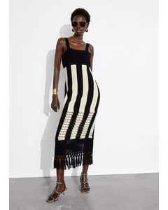 Fringed Knit Midi Dress Black/white