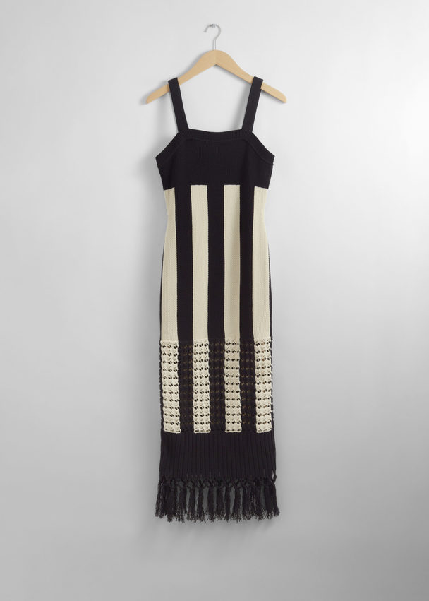 & Other Stories Fringed Knit Midi Dress Black/white