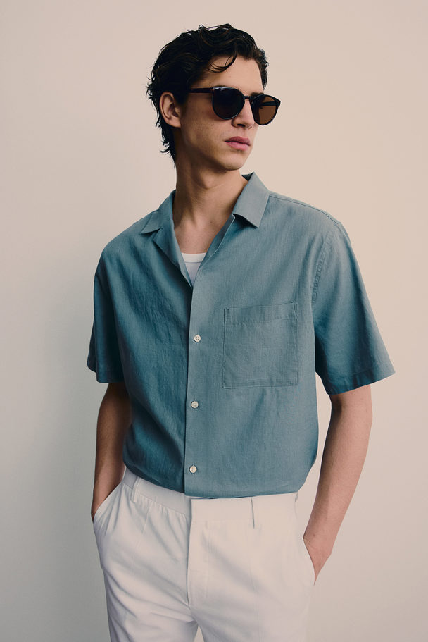 H&M Regular Fit Linen-blend Shirt Turquoise