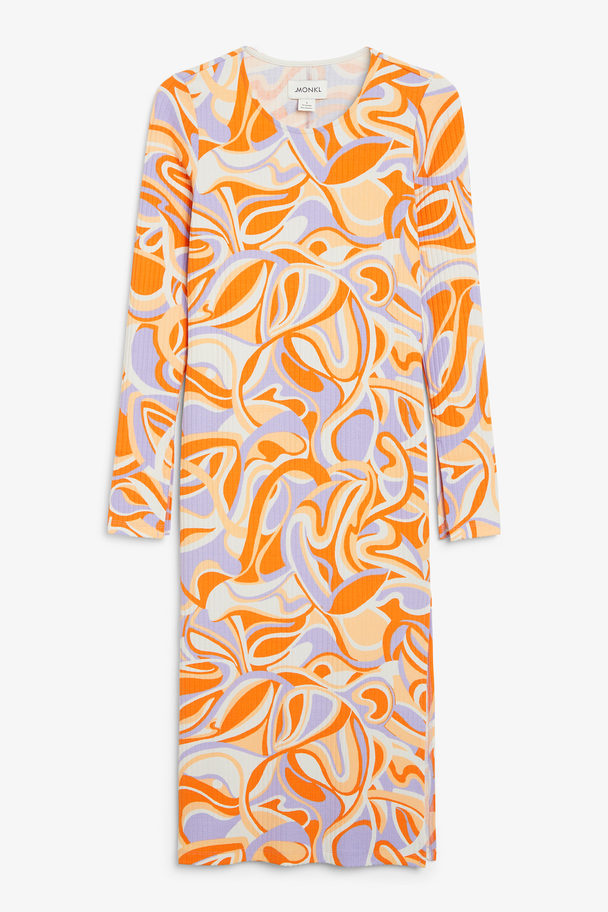 Monki Long-sleeve Ribbed Midi Dress Abstract Orange Print