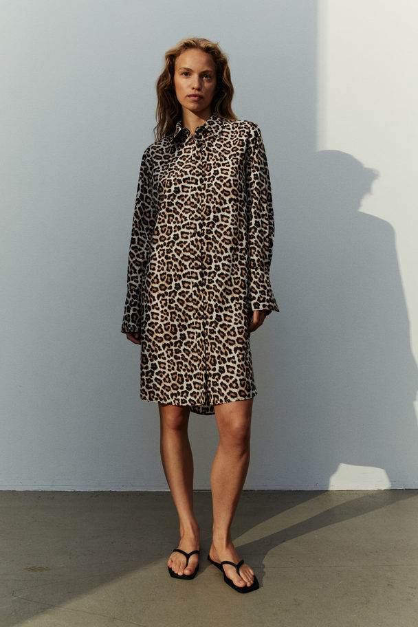 H&M Lyocell-blend Shirt Dress Light Beige/leopard Print