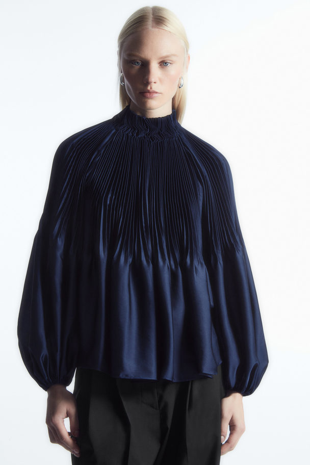 COS Oversized Pleated High-neck Blouse Navy
