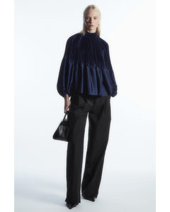 Oversized Pleated High-neck Blouse Navy