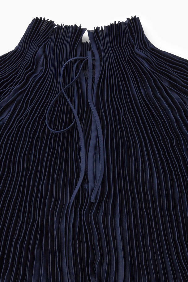 COS Oversized Pleated High-neck Blouse Navy
