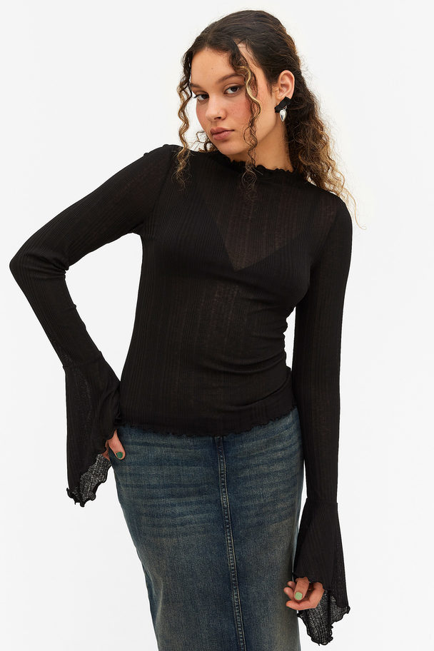 Monki Ribbed Top With Bell Sleeves Black