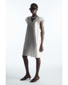 Smocked V-neck Mini Dress White