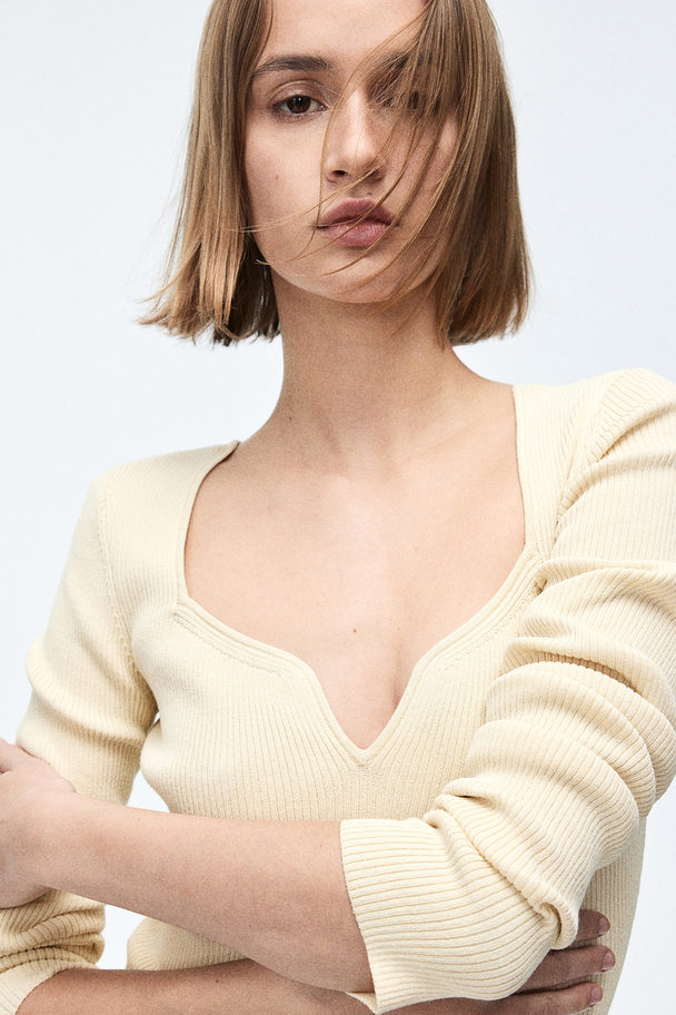 H&M Rib-knit Sweetheart-neck Top Pale Yellow
