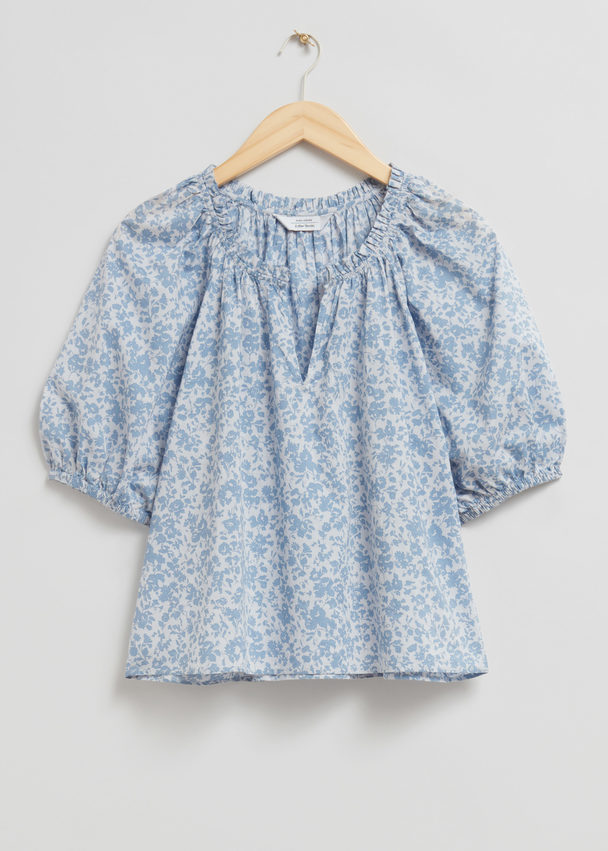 & Other Stories Loose-fit Frilled Edge Blouse Dusty Blue/white Floral Print