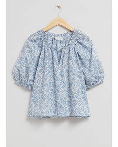Lockere Bluse mit Rüschen Taubenblau/Weißer Blumendruck