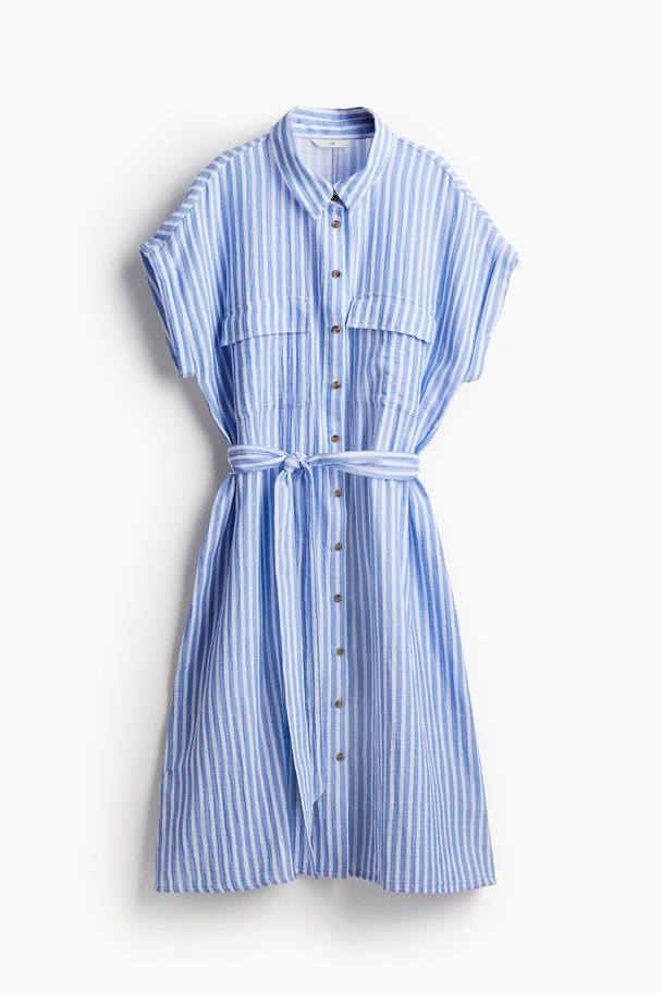 H&M Tie-belt Shirt Dress Light Blue/striped