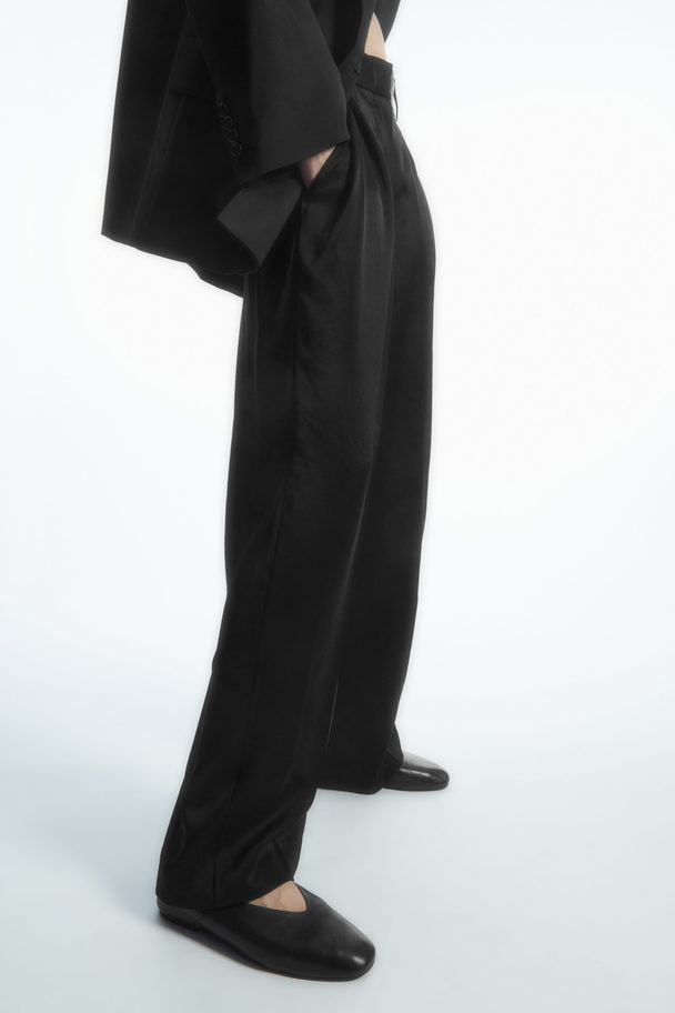 COS Wide-leg Pleated Satin Trousers Black