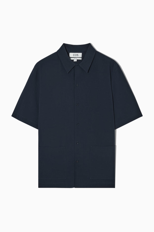 COS Short-sleeved Cotton-seersucker Shirt Navy