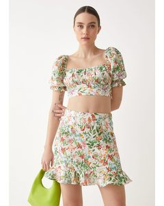 Flounced Linen Mini Skirt Floral Print