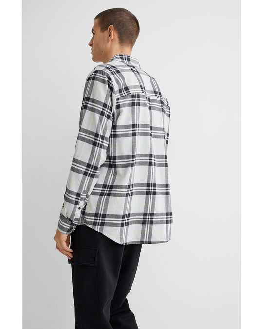 H&M Regular Fit Flannel Shirt Light Grey/neon Green