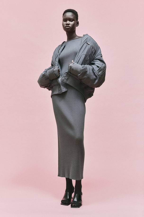 H&M Silk-blend Rib-knit Dress Dark Grey