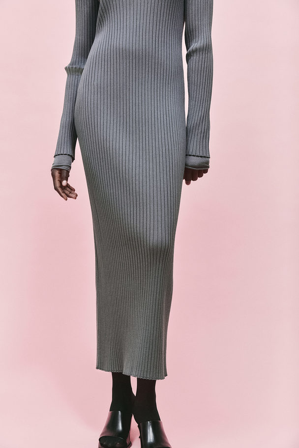 H&M Silk-blend Rib-knit Dress Dark Grey