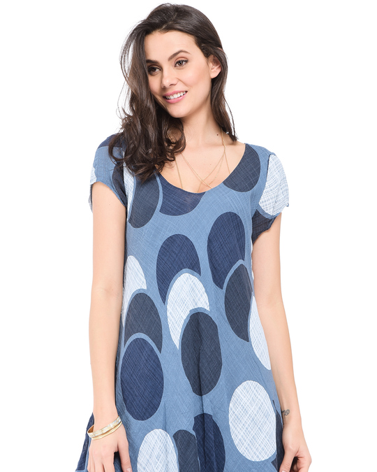 Le Jardin du Lin Mid-lenght Round Collar Dress With Polka Dots Prints, Double-ruffles And Short Sleeves