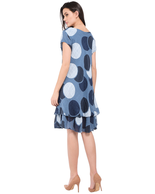 Le Jardin du Lin Mid-lenght Round Collar Dress With Polka Dots Prints, Double-ruffles And Short Sleeves