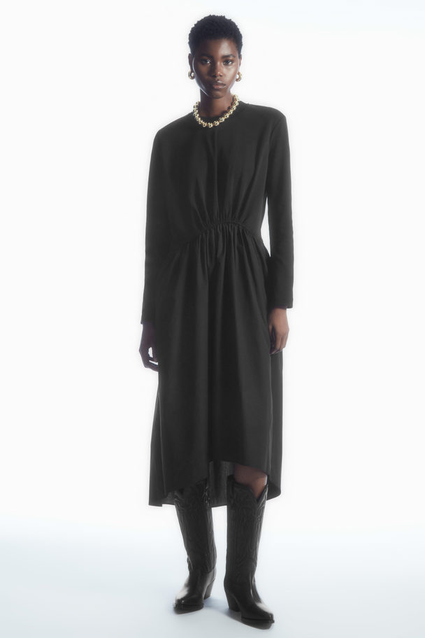 COS Asymmetric Gathered-waist Midi Dress Black