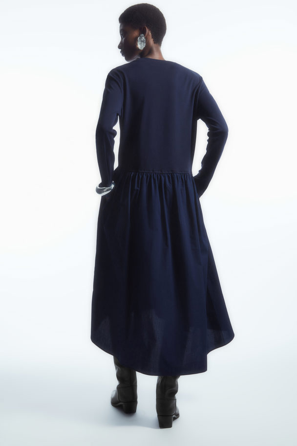 COS Asymmetric Gathered-waist Midi Dress Navy