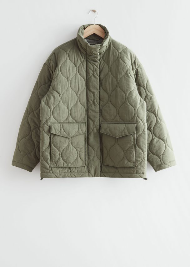& Other Stories Oversized Quilted Zip Jacket Khaki