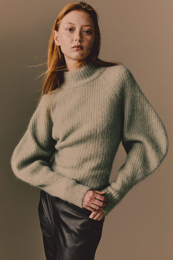 H&M Mohair-blend Rib-knit Jumper Grey-green