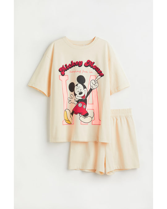 H&M Cotton Jersey Pyjamas Cream/mickey Mouse