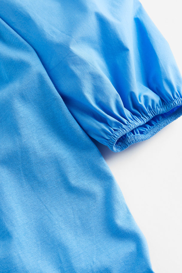 H&M Puff-sleeved Cotton Dress Blue