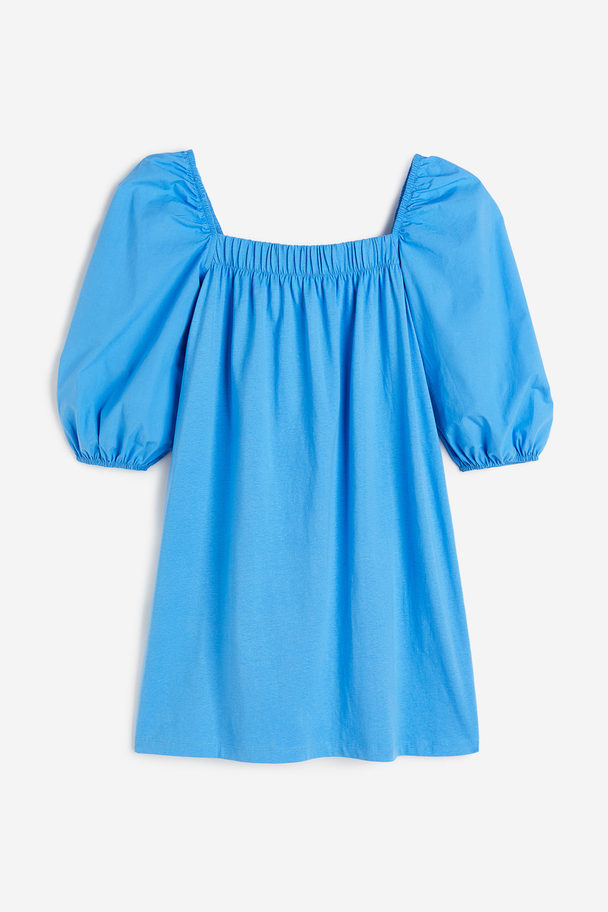 H&M Puff-sleeved Cotton Dress Blue