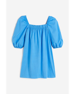Puff-sleeved Cotton Dress Blue